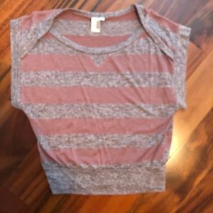 Womens Striped V-Notch Round Neck Short Sleeve Pullover Crop Top Pink Gray Small